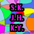 Pixelated graphic with two text sections: left side shows three initials in pink block letters, right side displays "Live. Laugh. Love!" in green block letters against a checkered background.