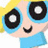 Pixelated cartoon character with large blue-rimmed eyes, yellow hair, and a blue top, smiling with a closed mouth.