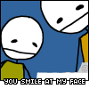 Animated sequence of stick figures with white heads and green bodies against a blue background, showing text changes at the bottom.