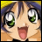 Anime-style character with brown hair and green eyes sticking out tongue, next to pixelated text on black background.
