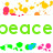 Pixelated icon with green 'peace', pink 'love.', and cyan 'happine' text over white background, featuring yellow, red, green, blue, and pink shapes.