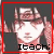 Anime-style character with dark hair and red headband, static pose, text "Itachi" below in pixelated font.