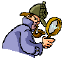 A pixelated character in a blue coat and green cap holds a magnifying glass, with multiple views showing the glass's lens changing from a plain orange to a detailed eye with blue iris and green pupil.