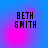 Pixelated text 'BETH SMITH' on blue and pink gradient background with shifting light effects.