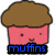 Pixelated cartoon cupcake with brown top and pink face, blue base with white frosting, smiling expression, text overlays reading 'muffins' in blue and 'cupcakes' in green.