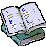 Pixelated open book with blue and brown text on white pages, green and brown cover, gray background, five distinct page configurations.