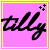 A static icon with a pink background, yellow border, and black cursive text 'tally' featuring four small black crosses in the top-right corner.