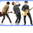 Three figures in a : left figure plays dark guitar, middle figure sings into microphone, right figure plays yellow guitar; all wear dark pants and dark shoes