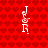 Red background with repeating dark red heart pattern; four identical pixelated figures in white and pink pose vertically.