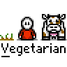Animated contact sheet of 15 pixel art frames showing a stick figure and cow character interacting with repeated text "Vegetarian" below each frame.