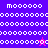 Pixelated graphic with alternating blue and purple quadrants, white text reading 'moo' repeated in , and two small star-shaped figures