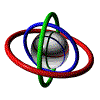 A 3D sphere with red, green, and blue rings rotating around it in a of 25 views showing different angles and ring positions