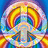 A circular peace symbol with rainbow-colored concentric rings and a central gray area, set against a blue background.