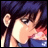 Pixelated anime-style character with dark blue hair and light skin, wearing a blue garment, positioned against a black background with white text.