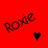 A static contact sheet of two animated frames showing the word 'roxiie' in black pixelated text on a solid red background with a small black heart symbol between them.