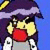 Pixelated character with purple hair and red lips holds hand to face, wearing white and gray outfit against blue background.
