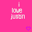 A static image with a bright pink background displays repeated white text "i love justin" and purple pixelated hearts
