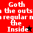 A split-screen image with red and black backgrounds displaying pixelated text 'Goth the outside regular m the Inside' alongside star symbols.