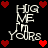Pixelated text "HUG ME I'M YOURS" in white with red hearts on black background, repeated four times in a