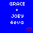 Blue background with white text reading "GRACE + JOEY 4eva" repeated in a , featuring red heart and arrow symbols
