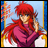 Pixelated anime-style character with long red hair and purple top, hand near face, against blue and orange background with white text on black