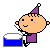 Pixelated cartoon character in purple outfit and hat plays blue drum with white top, showing varied facial expressions and floating musical notes.