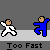 Animated contact sheet of a pixel art fight sequence featuring two stick figures in karate uniforms, with repeated "Too Fast" text and "FIGHT!" header across multiple frames showing motion blur effects.