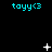 Cyan 'tayy<3' text appears in three on a black background with animated white star and dot effects