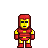 Pixel art character in red and gold armor with yellow faceplate, black eyes, dark brown outline, standing against gray background.