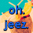 A pixelated image of a coconut drink with lemon slices and straws, featuring blue text reading 'oh. jeez.' on the left side.