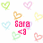Pixelated heart-shaped icons in pastel colors surround red text reading 'SARA <3' on a white background.