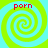 Four identical spiral patterns in cyan and lime green with red text reading 'porn' at the top of each, arranged in a on a solid cyan background