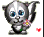 Pixelated cartoon cat with silver-gray fur, blue eyes, and a pink flower held in its paw; red heart symbol appears near the cat.