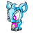 A pixelated blue cartoon character with large pink eyes and a bow on its head stands against a white background, next to green text reading "Original Icons .com" on a dark green background.