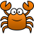 Pixelated orange crab with large white eyes, black pupils, and a curved smile, raised claws, eight legs, on gray background.