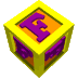 Yellow cube with orange faces displaying purple 'F' letters, arranged in a of five and six against gray background
