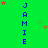 Green background with vertical blue text 'JAMIE' repeated four times, scattered red and brown stars, and a gray rectangle in the bottom-right corner.
