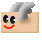 Pixelated cartoon face with blue-green eyes, red mouth, and gray wing-like shapes on a beige background, showing animation changes in wing position and mouth expression.