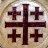 A static pixelated image shows a large central cross with four smaller crosses positioned at its cardinal points against a light brown background.
