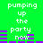 Green background with white text reading 'pumping up the party now' and purple horizontal bars, repeated in two with slight animation changes