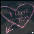 A 4-frame animated contact sheet showing a pink neon-style heart outline with "I LOVE YOU" text inside, an arrow pointing down-left from the bottom of the heart, and subtle frame-to-frame variations in line brightness and pixel density on a dark background.
