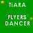 Green background with white text 'TiARA' and 'FLYERS DANCER', yellow stars scattered, some stars animate near 'TiARA' text.