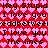 Pixelated text repeats across a red and pink heart-patterned background with black lettering.