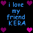 Pixelated text and heart symbols arranged in a on black background, with blue text reading "i love my friend KERA" surrounded by purple and pink hearts
