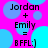 Pixelated text on a bright pink background with blue circles, showing 'Jordan + Emily = BFFL:]' in four repeated sections.