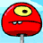 Red pixelated character with single yellow eye and two small teeth, mounted on a stick against light blue background.