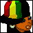 Pixelated animated contact sheet showing a cartoon character with Rastafarian colors in various poses and text overlays.