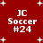 Red background with white plus signs and repeated text 'JC Soccer #24' in pixelated font across four identical sections.