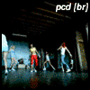 24 animated frames showing a woman in a yellow tank top and red capris dancing with a group in a dimly lit studio, with 'pcd [br]' text in the top-left corner of each frame