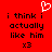 Red background with black pixelated text reading "i think i actually like him x3" and a white heart symbol above the text.